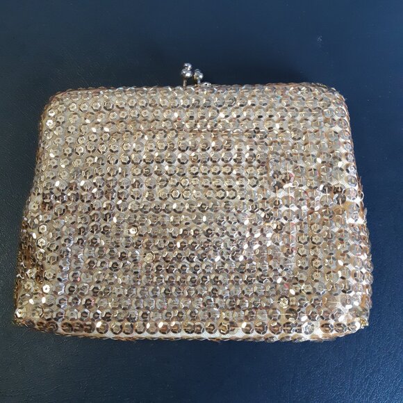 Vintage Gold Sequined Evening Kiss Lock Handbag /Clutch w/ Chain -6.5 x 5 inches - Picture 4 of 11